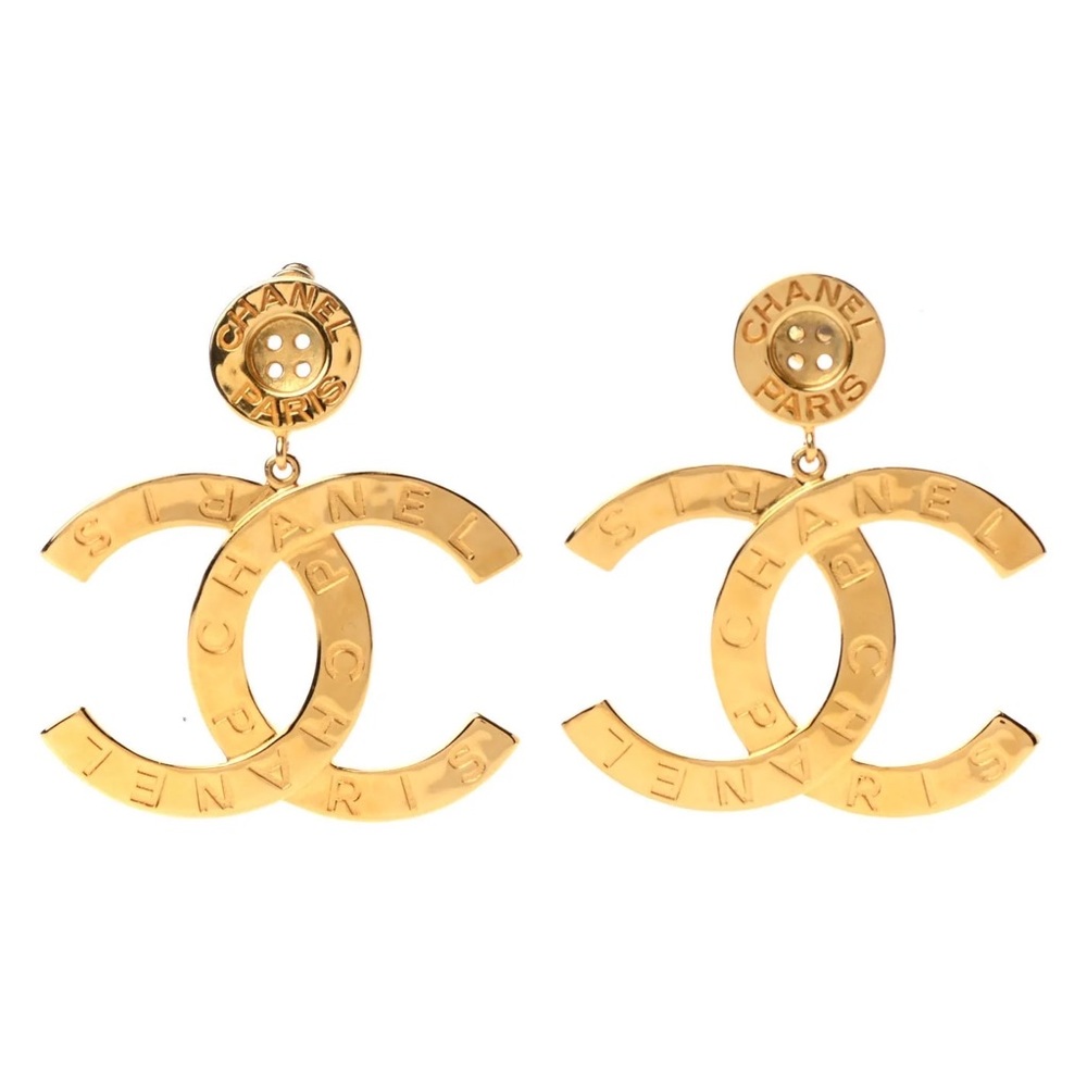Gold Metal Button Oversized CC Logo Dangle Earrings